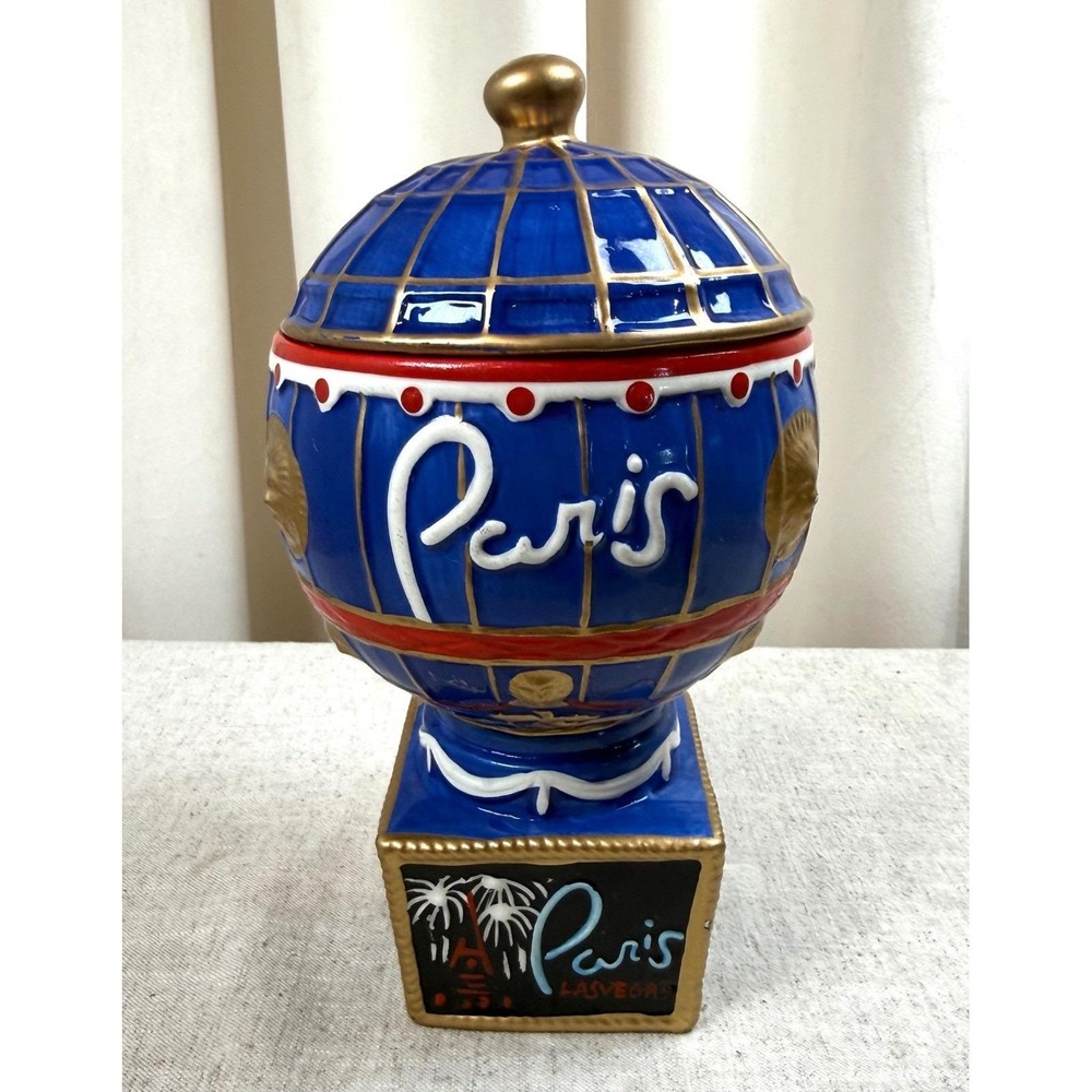 Vintage Paris Las Vegas Ceramic Lidded Cookie Jar Candy Canister Souvenir 8 In